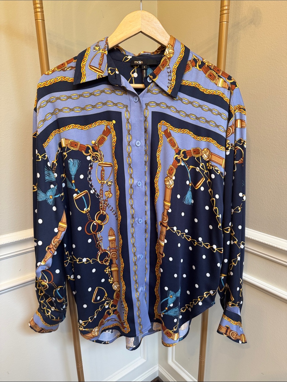 Maje Navy, Light Blue and Gold Chain-Print Button-Up Blouse - Picture 3 of 4